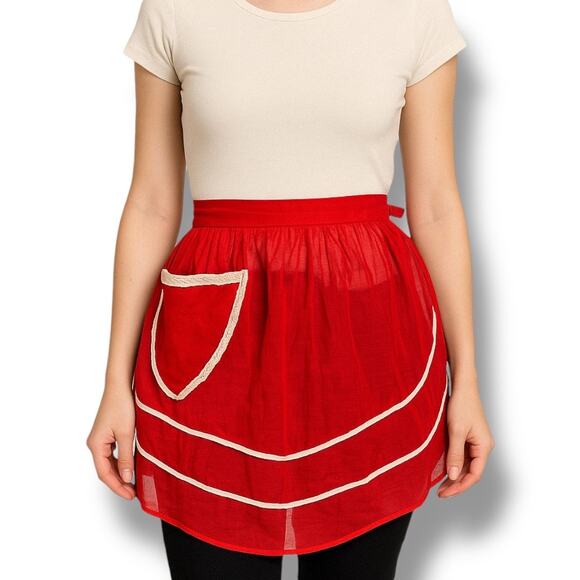 Vintage 1950s Red Sheer Half Apron White Lace Trim Tie Back Retro Housewife - Picture 2 of 13